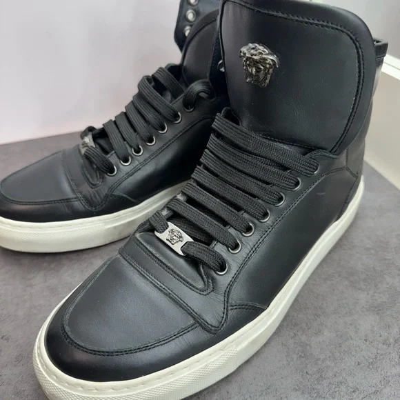 Versace Black Leather Sneakers with White Soles